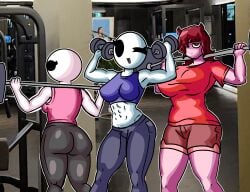 3girls amy_(chetoh) ass belly belly_button big_breasts black_eyes blue_shirt breasts chetoh clothed clothed_female dumbbell egg female female_focus female_only gym hair hair_over_one_eye height_difference leah_(chetoh) lifting lifting_weights muscular_female oc original original_character original_characters pants photo_background pink_shirt pinky_(chetoh) rear_view red_hair red_pupils red_shirt shirt shorts smile smiling smiling_at_viewer tight_clothing white_body wink winking_at_viewer