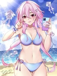 1girls bare_arms bare_legs bare_shoulders beach belly belly_button big_breasts bikini blue_bikini blue_swimsuit breasts cleavage evernight_(honkai:_star_rail) female holding_object holding_phone honkai:_star_rail honkai_(series) long_hair looking_at_viewer march_7th_(honkai:_star_rail) medium_breasts phone pink_hair red_eyes smile solo stomach swimsuit thick_thighs thighs underboob