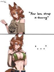 1girl 1girls absurdres ahoge animal_ear_fluff animal_ears bikini blue_eyes blue_shorts bracelet breasts brown_shirt cleavage closed_mouth clothes_lift female green_bikini hair_between_eyes highres indie_virtual_youtuber jewelry large_breasts meme multiple_views navel pointy_ears reilixin shirt shirt_lift shorts smug sonneflower swimsuit tits virtual_youtuber vtuber white_background your_bra_strap_is_showing_(meme)