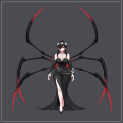 1girls arachne arthropod_girl arthropod_limbs big_breasts black_dress black_hair black_nails black_sclera breasts cleavage cleavage_cutout crown cslucaris goddess long_dress long_hair mature_female multiple_rings original red_eyes solo_female solo_focus