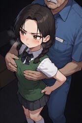 age_difference ai-generated annoyed annoyed_expression arched_back braid breast_grab breast_squeeze breasts brown_hair clothed clothes dim_lighting fully_clothed green_vest groping groping_breasts groping_from_behind highres janitor legwear male mole mole_under_eye old_male old_man older_male original original_character perchance_ai pleated_skirt school_uniform schoolgirl_uniform shirt side_view skirt small_breasts socks tied_hair twin_braids vest visible_breath white_legwear white_shirt white_socks yellow_eyes