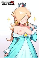 1girl absurd_res absurdres ai-created ai-generated ai_art ai_generated aqua_dress artist_name athletic_female bare_shoulders blonde_hair blue_dress boobs breasts breasts_out bust chest closed_eyes closed_mouth collarbone crown dress dress_pull earrings female fit_female hair_over_one_eye hand_up hi_res high_quality high_resolution jewelry long_hair long_sleeves mario_(series) medium_breasts nipples no_bra off-shoulder_dress off_shoulder patreon patreon_username princess_rosalina rosalina shapefan simple_background smile solo sparkle stable_diffusion star_earrings super_mario_bros. tagme tits uncensored white_background
