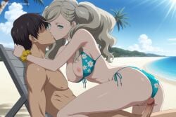 1boy 1girl ai_generated ann_takamaki ass beach bikini bikini_bottom_aside black_hair blonde_hair blue_bikini blue_eyes blush breasts clothed_female_nude_male clothing_aside cloud day digitalwaifugallery faceless hair_ornament hairclip hetero hi_res high_quality high_resolution imminent_penetration imminent_vaginal kiss large_breasts long_hair nipples nude ocean outdoors patreon penis persona_5 pussy scrunchie seductive sexy side-tie_bikini_bottom sky straddling swimsuit tree twintails uncensored watermark wrist_scrunchie