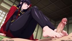 1boy 1girl 1girls absurd_res ai_assisted ai_generated anime ass ass_focus black_legwear blunt_bangs boobs breasts bubble_butt butt butt_focus cape cum cum_on_feet cum_on_penis curvaceous curvy curvy_figure foot_focus footjob hair_ornament high_resolution highres hourglass_figure huge_ass huge_butt japanese_room leggings light-skinned_female long_hair looking_at_viewer mato_seihei_no_slave patreon patreon_logo patreon_username purple_eyes purple_hair red_cape red_ribbon smile soles thick_thighs thighs voluptuous wide_hips yamashiro_ren