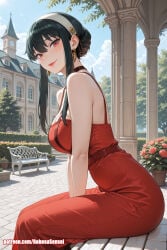 ai_art anus ass back big_ass big_breasts black_hair dress elegant feet full_nelson large_breasts midriff milf navel penis pussy red_eyes red_lipstick robosusensei sex soles spy_x_family sweat toes yor_briar yor_forger
