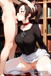 1girl ai_assisted ai_generated brown_eyes brown_hair cat_ears cock_in_pussy collar collarbone creampie deepthroat group_sex hairclip inside kneeling library moaning parted_bangs ponytail pussy_sex saliva shaking side_view spread_legs white_stockings