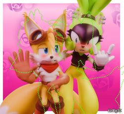 1boy 1girls 3d 3d_(artwork) 5_fingers anthro blender blue_eyes clothing fox furry glasses green_hair korby32_(artits) sega sexy_pose shy shy_smile simple_background sonic_(series) sonic_the_hedgehog_(comics) sonic_the_hedgehog_(idw) sonic_the_hedgehog_(series) surge_the_tenrec tails_the_fox