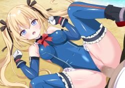 1boy 1girl bare_shoulders beach black_bow black_ribbon black_shoes blonde_hair blue_eyes blue_leotard blue_thighhighs blush bow bowtie breasts censored clenched_hands clothing_aside commentary_request commission day dead_or_alive dutch_angle erection feet_out_of_frame frilled_leotard frilled_thighhighs frills furrowed_brow gloves groin hair_between_eyes hair_bow hair_ornament hair_ribbon hair_spread_out hands_up hetero highleg highleg_leotard highres hiiragisensei impossible_clothes impossible_leotard leotard leotard_aside long_hair looking_at_viewer lying m_legs marie_rose marie_rose_(devilish_servant_against_the_splashing_waves) medium_breasts missionary mosaic_censoring multicolored_gloves on_back open_mouth outdoors penis red_bow red_bowtie ribbon sex shoes sidelocks skeb_commission solo_focus spread_legs thighhighs thighs twintails vaginal variant_set very_long_hair w_arms x_hair_ornament