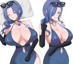 1girl absurdres arm_under_breasts backless_dress backless_outfit bare_shoulders belt black_belt black_gloves blue_choker blue_dress blue_eyes blue_flower blue_hair blue_rose blue_streaks breasts choker cleavage closed_eyes closed_mouth clothing_cutout collarbone commentary cowboy_shot dp-12_(girls'_frontline) dress dress_flower elbow_gloves evening_gown eyewear_on_head flower girls'_frontline girls'_frontline_2:_exilium gloves hair_over_shoulder halter_dress halterneck helen_(girls'_frontline_2) helen_(starlit_waltz)_(girls'_frontline_2) highres jewelry large_breasts long_hair looking_at_viewer lying multicolored_hair navel navel_cutout necklace official_alternate_costume on_back parted_bangs party_dress pillow rose sidelocks simple_background sleeping smile standing streaked_hair sunglasses underbust untranslatable_commentary white_background
