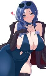 1girl arm_support backless_dress backless_outfit black_thighhighs blue_choker blue_dress blue_flower blue_hair blue_rose blush breasts choker cleavage clothing_cutout coat coat_on_shoulders commentary dp-12_(girls'_frontline) dress elbow_gloves english_commentary evening_gown eyewear_on_head flower girls'_frontline girls'_frontline_2:_exilium gloves grey_eyes hair_over_shoulder halter_dress halterneck heart helen_(girls'_frontline_2) helen_(starlit_waltz)_(girls'_frontline_2) highres jewelry large_breasts looking_at_viewer navel_cutout necklace nek00nyx8 pantylines party_dress rose simple_background sitting skindentation smile thighhighs twitter_username white_background