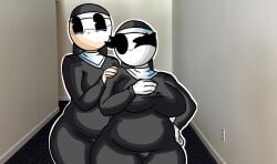 2girls :3 bald bald_female black_eyes chetoh chubby chubby_female cindy_(chetoh) claire_(chetoh) clothed clothed_female egg female female_focus female_only glasses habit hand_on_chest height_difference nun's_habit nun_outfit oc original original_character original_characters photo_background smile smiling smiling_at_viewer white_body wink winking_at_viewer
