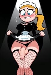 1futa 1girls ai_generated balls blonde_hair cartoon_network claire_(billy_and_mandy) female foreskin from_below futanari low-angle_view maid maid_headdress maid_outfit maid_uniform nightmare penis penis_out ponytail spotlight testicles the_grim_adventures_of_billy_and_mandy uncircumcised uncircumcised_penis uncut uncut_futa uncut_penis unretracted_foreskin yellow_hair