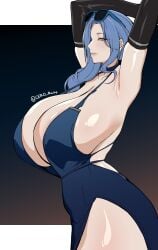 1girl armpits arms_up artist_name backless_dress backless_outfit black_gloves blue_choker blue_dress blue_hair braid breasts cero_rains choker cleavage closed_mouth commentary_request dp-12_(girls'_frontline) dress duplicate elbow_gloves evening_gown eyewear_on_head girls'_frontline girls'_frontline_2:_exilium gloves grey_eyes hair_over_shoulder halter_dress halterneck helen_(girls'_frontline_2) helen_(starlit_waltz)_(girls'_frontline_2) highres huge_breasts jewelry long_hair looking_at_viewer necklace official_alternate_costume party_dress pixel-perfect_duplicate sideboob sleeveless smile solo thigh_strap