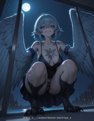 1girl ai_generated animal_feet bangs bare_shoulders bird_legs black_dress black_panties blue_eyes blue_hair blush breasts cameltoe collarbone dress ear_piercing earrings feathered_wings feathers female_pubic_hair full_moon grin hair_between_eyes harpy jewelry large_breasts looking_at_viewer medium_breasts medium_hair monster_girl moon night night_sky nyx_x panties piercing pointy_ears pussy questionable short_hair sky sleeveless sleeveless_dress smile solo squatting talons tattoo teeth underwear winged_arms wings