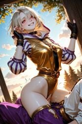 1girl ai_assisted ai_generated assertive_female black_gloves blue_sky bob_cut bracelet cloud cock_in_pussy collar cowgirl creampie dutch_angle embarrassed empty_eyes final_fantasy_xiv fingerless_gloves gold_belt gold_leotard gold_trim grin hair_over_one_eye hand_up harness highleg_leotard hooded_robe inside jewelry leaning_forward messy_hair moaning outside pale_skin parted_bangs platinum_blonde_hair puffy_sleeves purple_pants purple_robe pussy_sex red_eyes rolling_eyes saliva shaking short_hair side_view skirt smile standing stockings straddling striped_sleeves sunlight sunset tree white_robe white_shirt wind