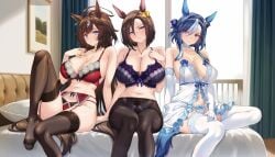 3girls admire_groove_(umamusume) air_groove_(umamusume) black_bra black_panties black_pantyhose blue_eyes blue_hair blush brown_hair brown_thighhighs cleavage collarbone duramente_(umamusume) indoors knee_up lace_bra lace_panties large_breasts long_hair looking_at_viewer merufena mole_under_mouth multicolored_hair multiple_girls navel necklace open_mouth panties_under_pantyhose purple_eyes red_bra red_garter_belt red_panties short_hair sitting sitting_on_bed stomach umamusume umamusume_pretty_derby underwear_only white_babydoll white_hair white_panties white_thighhighs