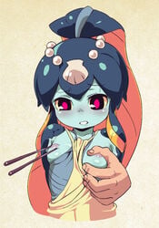 apron apron_aside blush breast_grab breasts chopsticks clothing disembodied_hand female fish_girl gritted_teeth minette_(skullgirls) nipple_tweak nipples om_(artist) shirt shirt_aside skullgirls