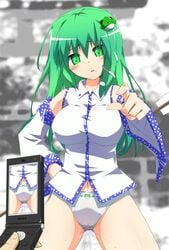 blush breasts cellphone chikyuujin_a female green_eyes green_hair hair_ornament large_breasts long_hair no_pants open_mouth outdoors panties pointing sanae_kochiya solo standing touhou