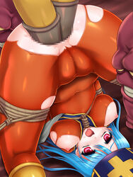 anal_fisting anal_only anus areola areolae ass ass_juice blue_hair blush bodysuit bondage boots bound breasts cameltoe censored clothing deranger double_anal double_anal_fisting double_fisting dragon_quest dragon_quest_iii fisting hat hero_(dq3) highres medium_breasts navel nipples priest_(dq3) pussy red_eyes rope roto sweat tear thighs torn_clothes trubka