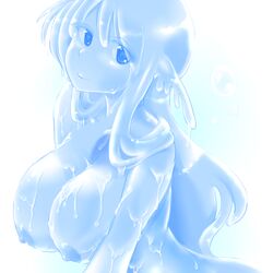 blue_hair breasts female goo_girl large_breasts mogumogu_mole monster_girl nipples nude original simple_background slime smile solo topless white_background