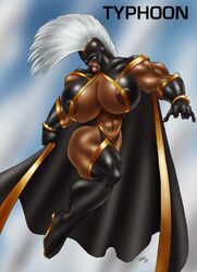 abs abstract_background areolae boots breasts cape dark-skinned_female dark_skin erect_nipples_under_clothes female flying gideon gideon-hoss gideonhoss gloves hair human hyper large_breasts muscles nipples open_mouth solo teeth typhoon white_eyes white_hair