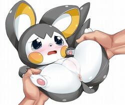 1boy 1girls anus big_ear blue_eyes blush color cradling emolga endou_masatoshi exposed_pussy female fur furry hands hindpaw human interspecies larger_male male masatosu555 nervous nude nudity pawpads paws pokemon pussy scared size_difference smaller_female spread_legs spreading vulva white_background worried