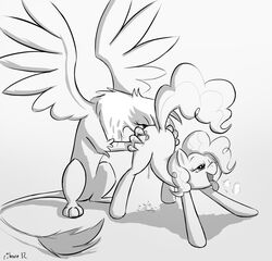 ass ass_grab avian balloon cunnilingus cutie_mark equine female friendship_is_magic gilda_(mlp) gryphon horse interspecies monochrome my_little_pony open_mouth oral oral_sex pinkie_pie_(mlp) pony ribnose sex straight_hair tongue tongue_out vaginal_penetration wings yuri