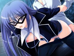 blue_hair breasts doggy_style doggy_style game_cg glasses imageboard_sample nipples nishizono_kanami pantyhose pantyhose_pull sex