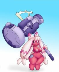 big_breasts female flybeeth generation_9_pokemon genitals hair hi_res holding_object holding_weapon humanoid large_hammer long_hair mammal nintendo nipples nude pink_body pokémon_(species) pokemon pokemon_(species) pokemon_sv pussy shirt short_stack shortstack thick_thighs tinkaton weapon white_hair wide_hips