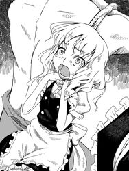 asphyxiation bed bow breath_play clothing dead death dying empty_eyes female frills hair_ribbon hanged human maid male marisa_kirisame monochrome open_mouth ribbon saliva straight tears touhou yoshinome