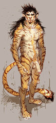 1boy abs anthro balls biceps black_hair body_hair chest_tuft fangs feline flaccid fur furry hair humanoid_penis hybrid liger lion long_hair looking_at_viewer male male_only muscles nude orange_eyes pecs penis pockyrumz smile solo striped_fur teeth tiger treasure_trail uncut yellow_eyes yellow_fur