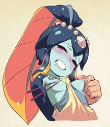 apron apron_aside blush breast_grab breasts chopsticks clothing disembodied_hand female fish_girl gritted_teeth minette_(skullgirls) nipple_tweak nipples om_(artist) shirt shirt_aside skullgirls tear tears