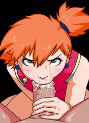 :>= cum cum_out_nose facial fellatio female green_eyes highres human human_only kasumi_(pokemon) male oral orange_hair penis pokemon straight uncensored withpride