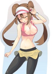 bad_id black_legwear breasts brown_hair cleavage cloud_palette cum double_bun female female_only frown holding holding_poke_ball human legwear_under_shorts long_hair nintendo nipples pantyhose poke_ball pokemon pokemon_bw2 raglan_sleeves ribbon rosa_(pokemon) shorts solo tied_hair twintails visor_cap watch wristwatch