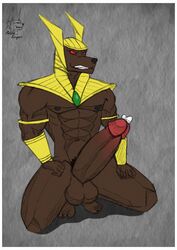 1boy anthro anubian_jackal anubis_kruger big_penis canine crouching erection fur furry jackal league_of_legends male male_only muscles nasus nipples penis precum riot_games solo