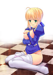 1girls after_sex ahoge artist_request artoria_pendragon blonde_hair blush breasts checkered checkered_floor cum fate/zero fate_(series) female green_eyes hair_ribbon highres marukorondo no_panties open_clothes panties pink_panties ribbon saber sitting solo thighhighs torn_thighhighs underwear