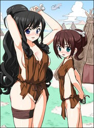 armpits black_hair blue_eyes blush bone breasts brown_hair caveman cavewoman censored cleavage cloud erect_nipples flat_chest green_eyes hair_up highres large_breasts long_hair multiple_girls open_mouth original otoi_rekomaru payot pit-house prehistoric pteranodon pussy_juice ringlets sky