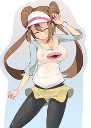 bad_id black_legwear breasts brown_hair cleavage cloud_palette cum double_bun female female_only holding holding_poke_ball human long_hair nintendo nipples pantyhose poke_ball pokemon pokemon_bw2 raglan_sleeves ribbon rosa_(pokemon) see-through shorts solo tied_hair twintails visor_cap watch wristwatch