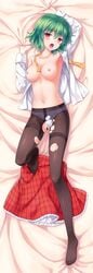 1girls arm_up black_legwear breasts censored dakimakura dress_shirt female green_hair high_resolution hiten_(hitenkei) long_image lying nipples no_pants on_back open_clothes open_mouth open_shirt panties panties_aside panties_under_pantyhose pantyhose pussy red_eyes shirt short_hair solo tall_image torn_pantyhose touhou underwear white_panties yuka_kazami