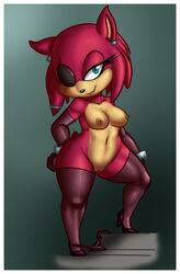 breasts eye_patch eyewear fan_character female gloves looking_at_viewer mobian mobian_(species) navel nipples nude oc original_character pose pussy scar sega smile solo sonic_(series) sonic_oc sonic_the_hedgehog_(series) stockings zinnthos