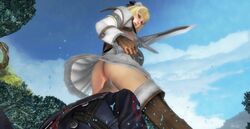 1boy 3d blonde_hair devil_may_cry facesitting gloves green_eyes hair_ornament long_hair male nero_(devil_may_cry) no_panties pyrrha_alexandra shield skirt soul_calibur soul_calibur_v sword thigh_boots thighhighs weapon xnalara