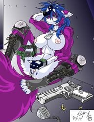 2010 abs biceps big_breasts blush boots breasts bullets desert_eagle dog_tags female fingering gloves gun handgun masturbation muscles muscular_female nipples nude open_mouth pistol police pussy ranged_weapon skunk solo swat weapon