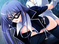 blue_hair breasts cum cum_inside cum_on_body doggy_style doggy_style glasses long_hair nipples nishizono_kanami overflow pantyhose pantyhose_pull sex