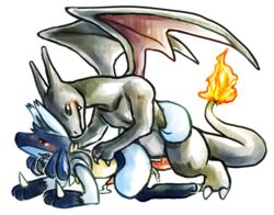 2012 anthro charizard feral furry gay green_eyes haychel lucario male nintendo no_humans pokemon pokemon_(species) red_eyes shiny_charizard shiny_pokemon