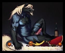 anthro blazblue canine cum fur furry male male_only penis solo table valkenhayn_r._hellsing wolf