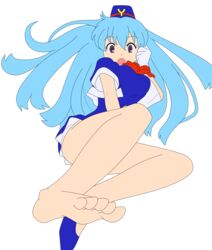 1girls aqua_hair barefoot busakumas female highres legs long_hair miniskirt no_panties photoshop purple_eyes short_dress skirt smile stewardess tenjouin_katsura thighs vector_trace yat_anshin_uchuu_ryokou