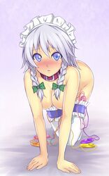 1girls all_fours animal_ears blue_eyes blush braid breasts dog_ears face female hanging_breasts highres maid_headdress makita_(twosidegekilove) naked_thighhighs nude sakuya_izayoi short_hair silver_hair solo tail thighhighs touhou twin_braids vibrator