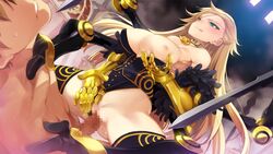 aqua_eyes assertive blonde_hair blush breasts censored cowgirl_position eiyuu_senki female femdom game_cg gilgamesh_(eiyuu_senki) large_breasts long_hair mosaic mosaic_censoring nipples official_art ooyari_ashito penis protagonist_(eiyuu_senki) rape reverse_rape sex tongue vaginal_penetration