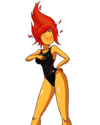 1girls adventure_time black_bead_eyes blush breasts deadmoon female female_only fire_hair flame_princess mob_face no_nose orange_skin red_hair solo solo_female swimsuit white_background yellow_skin