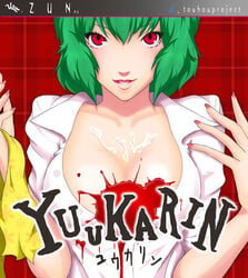 1girls breasts catherine_(game) catherine_cover_parody cover cum cum_on_body cum_on_breasts cum_on_upper_body female game_cover green_hair large_breasts lips nail_polish nekogamisamaa no_bra open_clothes open_shirt parody red_eyes short_hair solo touhou yuka_kazami